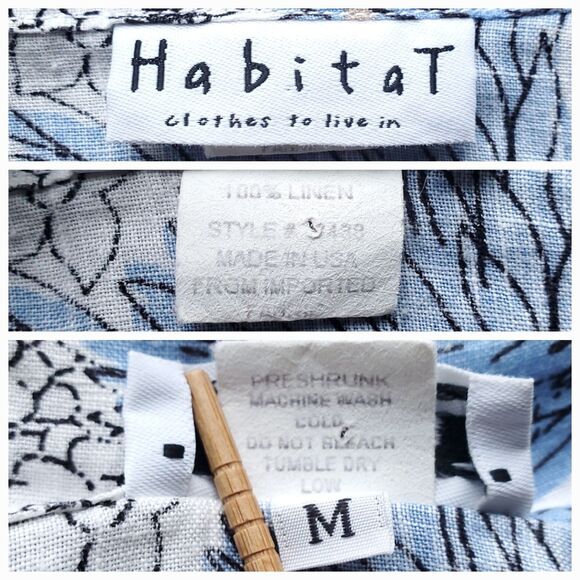 Habitat 100% Linen Top Sz M White Blue Floral Button Up Lagenlook Coastal Beachy - Picture 5 of 10